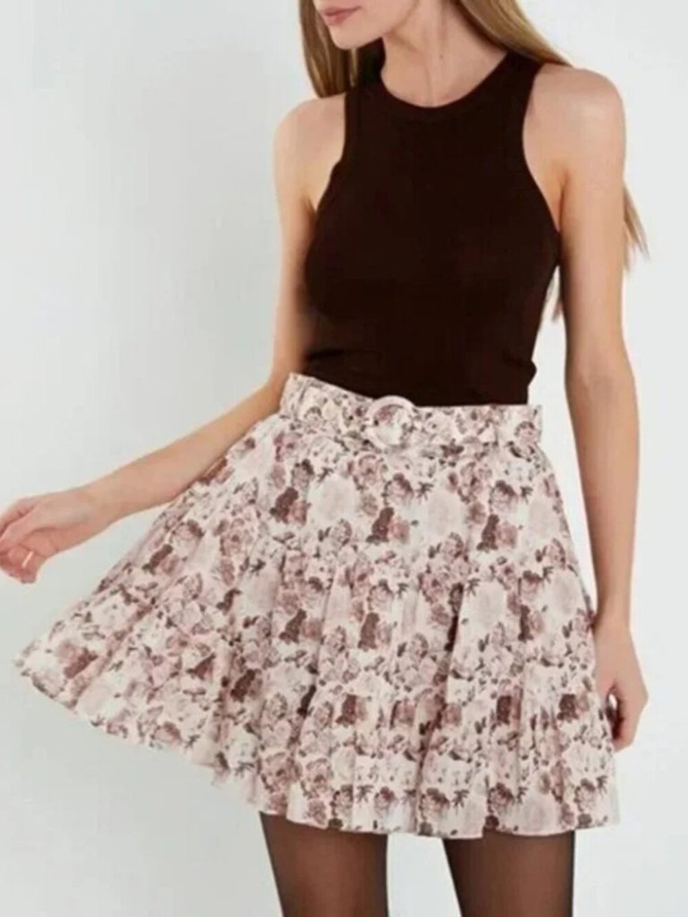 New English Factory Linen Tencel Floral Belted Mini Skirt Blush XS $110